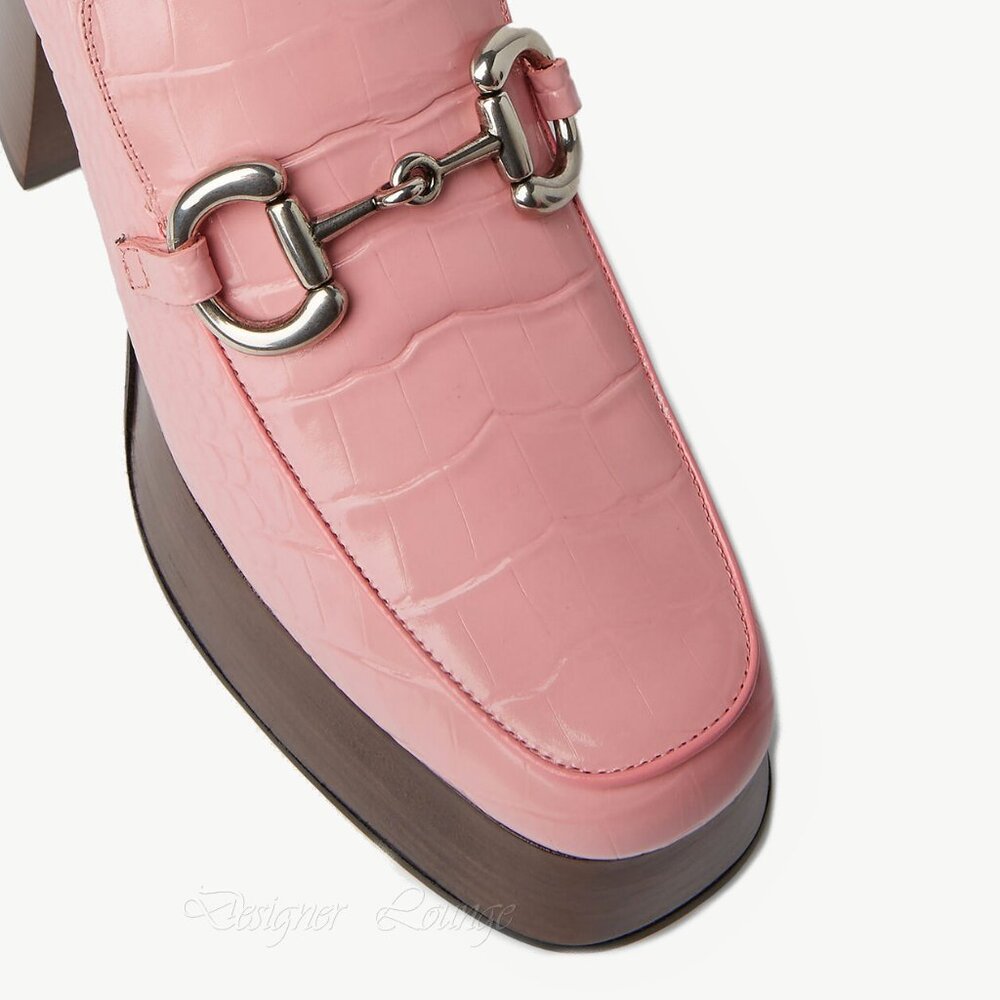 NEW GUCCI Horsebit Pink Croc Embossed Leather Platform Loafers EU 40.5 US 10.5 - Picture 7 of 10